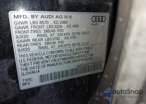 2017 Audi Q7 3.0T Premium from USA, damaged, VIN WA1LAAF71HD013231